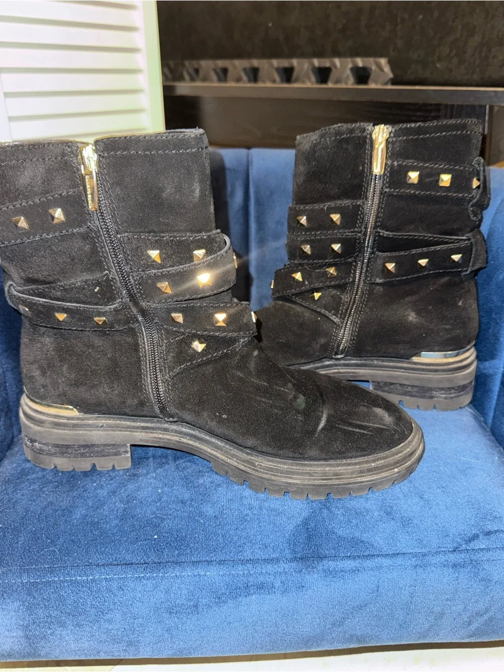 Vine Camuto Black Suede Studded Buckle Ankle Boots - Women